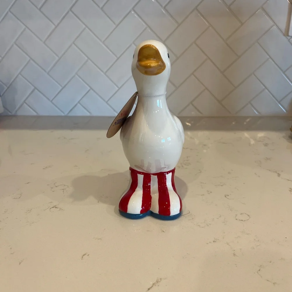 Patriotic White Ceramic Duck with Red Striped Boots - Picture 2 of 2